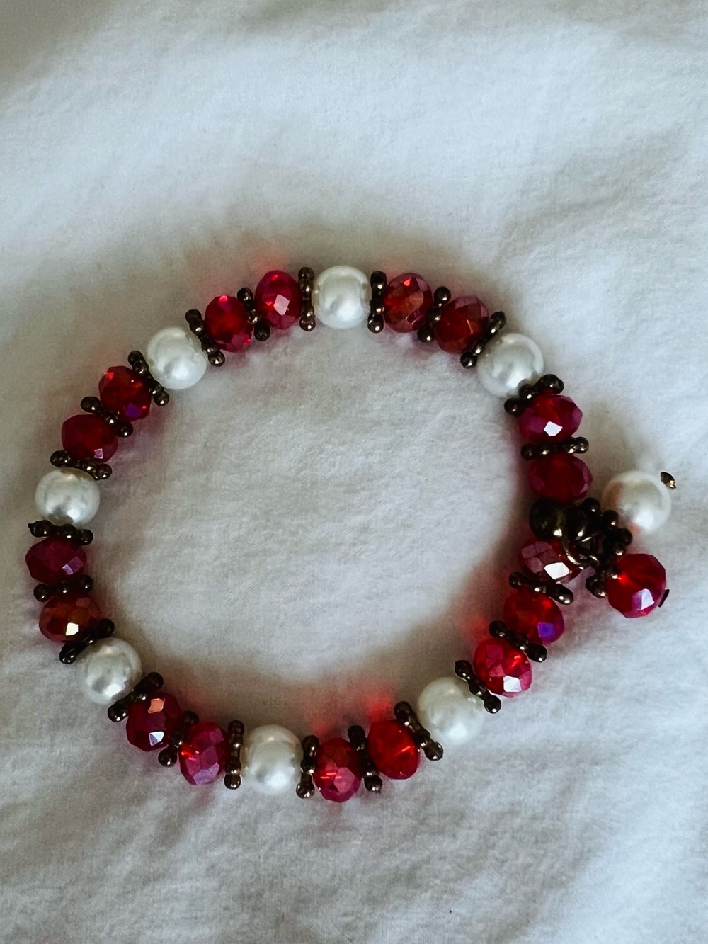 Pearl and Red Crystal Beaded Stretch Bracelet